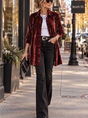Addition-Elle Burgundy Embossed Velvet Longline Shirt | Size 14
